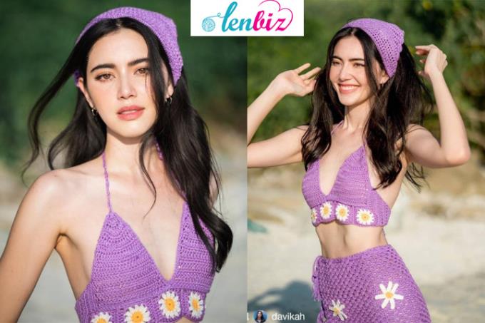 Nữ diễn viên Thái Mai Davika tự tin khoe dáng với bikini len móc màu tím